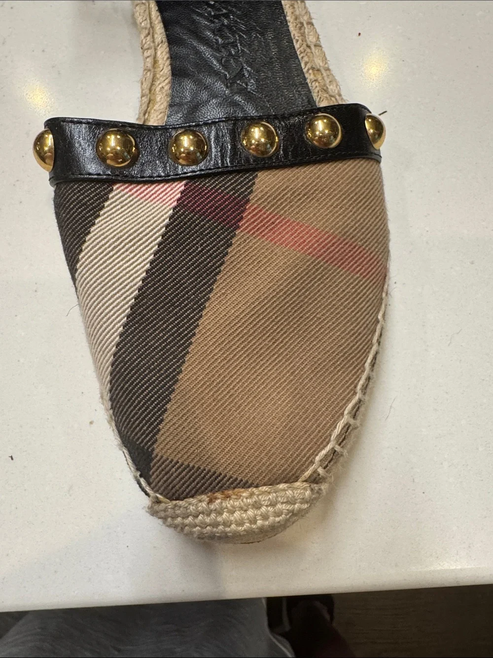 Burberry Plaid Espadrille Flats with Black Ankle Strap and Gold Studs SzEU39.5